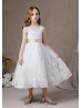 White Lace Tulle Keyhole Back Flower Girl Dress